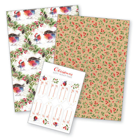 Fluffy Robin and Berries gift wrap