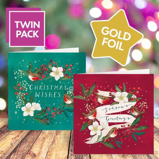 Hellebore Wreath and Christmas Garland cards twin pack