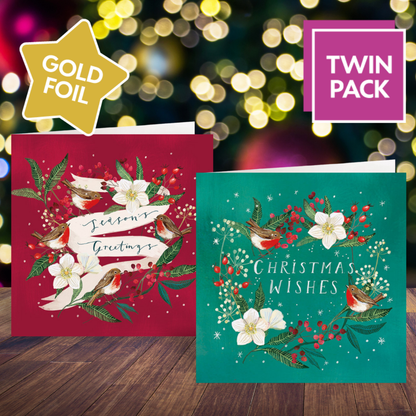 Hellebore Wreath and Christmas Garland cards twin pack