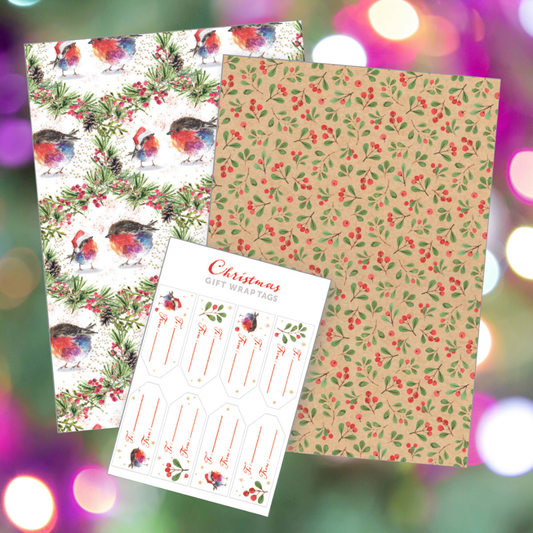 Fluffy Robin and Berries gift wrap