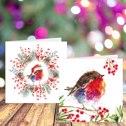 Fluffy Robin Junior Wreath and Fluffy Robin on Berry Branch cards twin pack