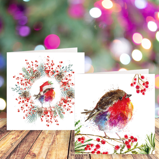 Fluffy Robin Junior Wreath and Fluffy Robin on Berry Branch cards twin pack
