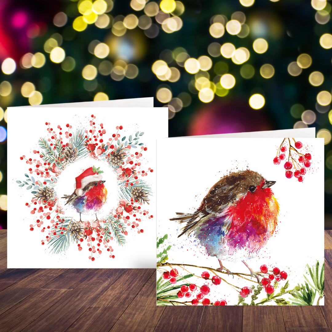 Fluffy Robin Junior Wreath and Fluffy Robin on Berry Branch cards twin pack